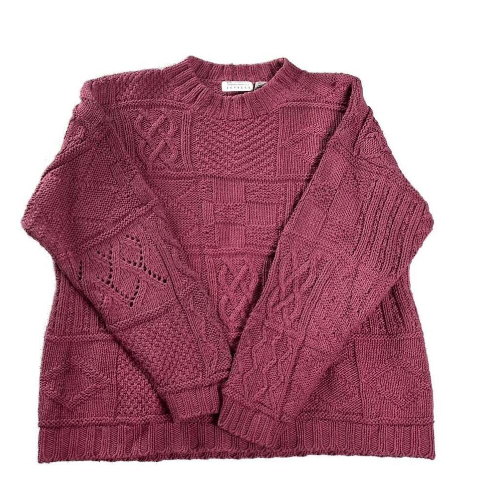 Vintage‎ 90s Express Ramie Patchwork Cable Knit Sweater L Academia